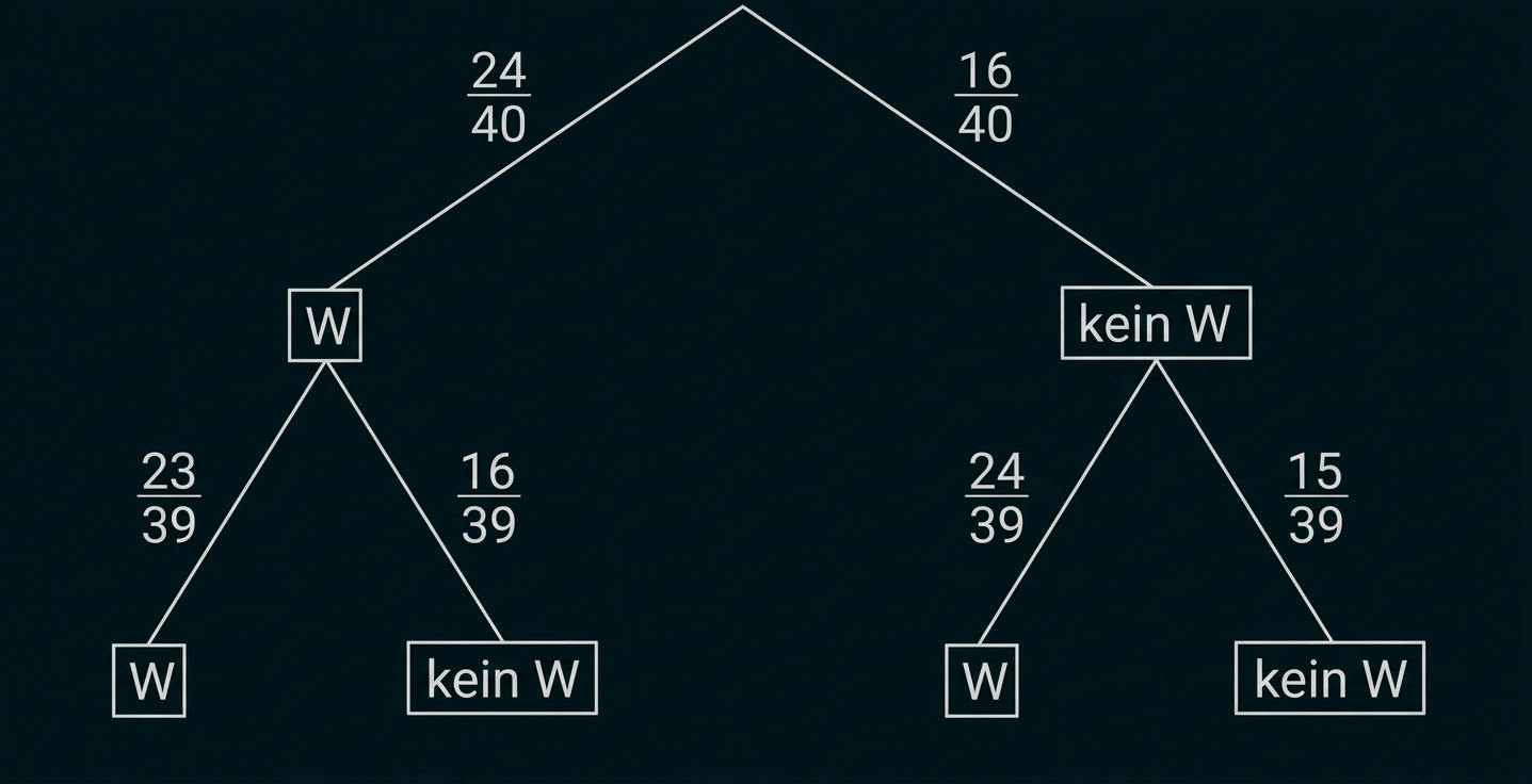 Baumdiagramm mit Wahrscheinlichkeiten für W und kein W.